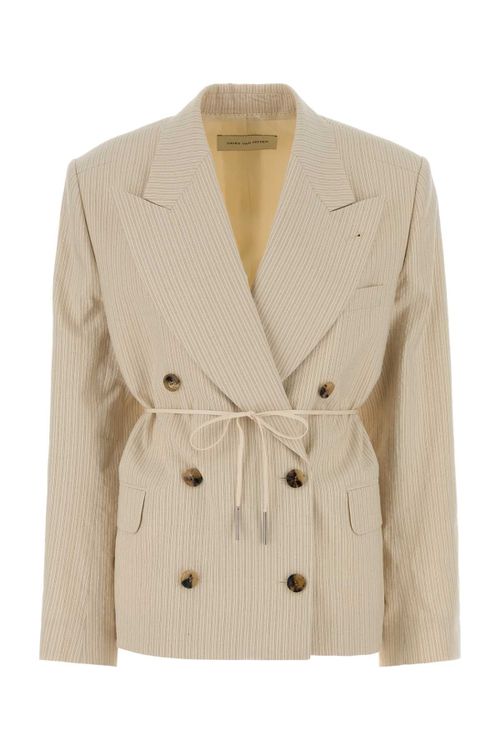Double-Breasted Pinstriped Blazer — Beige
