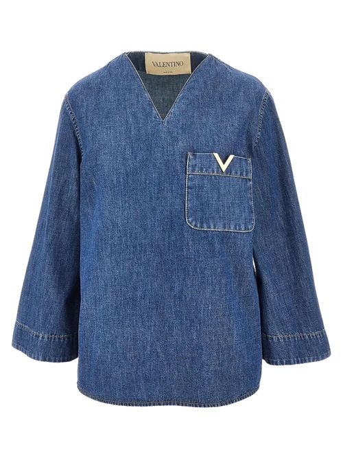 Long Sleeve V-Neck Cotton Shirt with Front Pocket