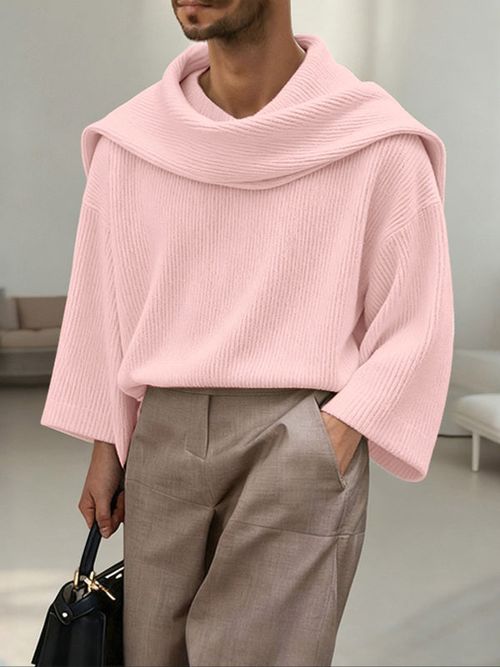 Men's Solid Color Textured Drape Neck Long Sleeve Sweater SKUL45163 - Pink / S