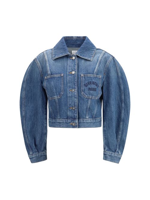 Logo-Embroidered Denim Crop Jacket — Blue