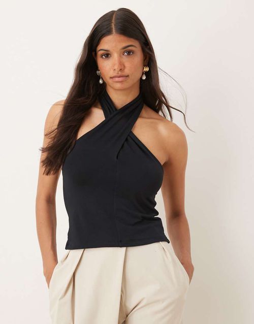 Cross over neck button up halter top in black