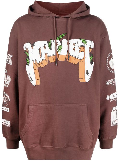 Graphic-print drawstring hoodie - Brown