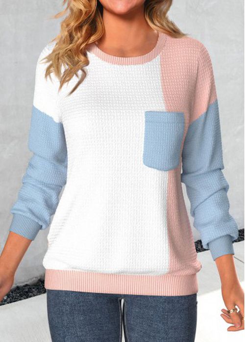 Modlily Dusty Pink Patchwork Long Sleeve Round Neck Sweatshirt