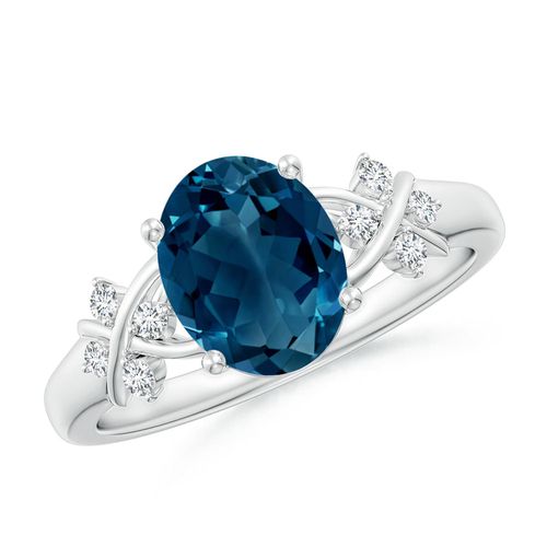 Angara 2.25 Carats Oval London Blue Topaz Criss Cross Ring with Diamonds in Platinum