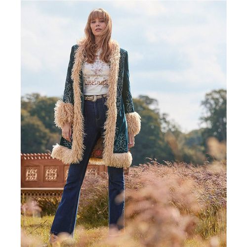 Boutique Boho Embroidered Faux Fur Coat