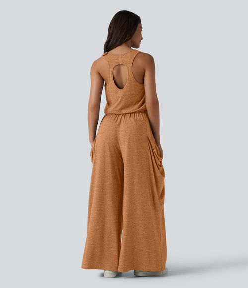 Sleeveless Cut Out Wide Leg Casual Jumpsuit with Pockets-Easy Peezy Edition  - Pumpkin Orange Floral Yarn
