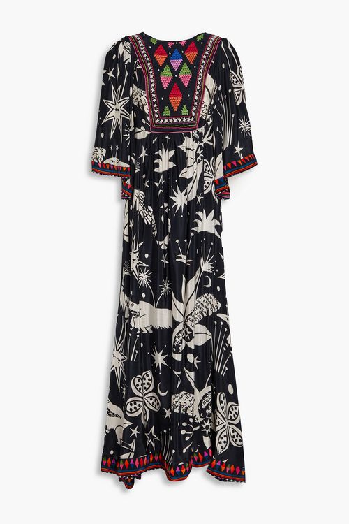 Embellished printed satin maxi dress - Black - XS