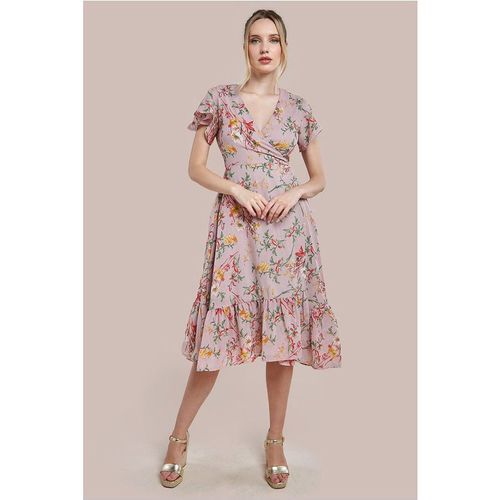 City Goddess Wrap Flutter Sleeve Floral Midi Dress - Beige