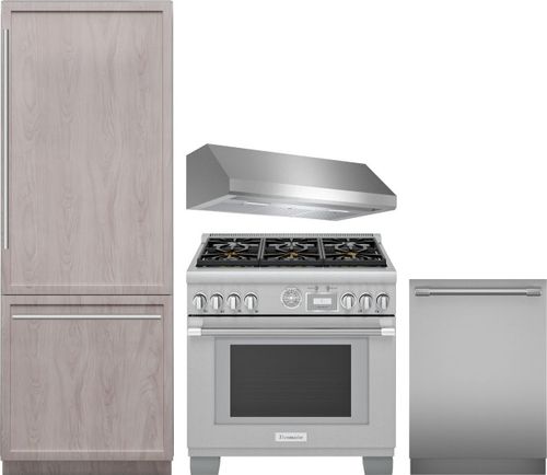 Thermador 4 Piece Kitchen Appliances Package with Bottom Freezer Refrigerator, Gas Range and Dishwasher in Panel Ready THRERADWRH