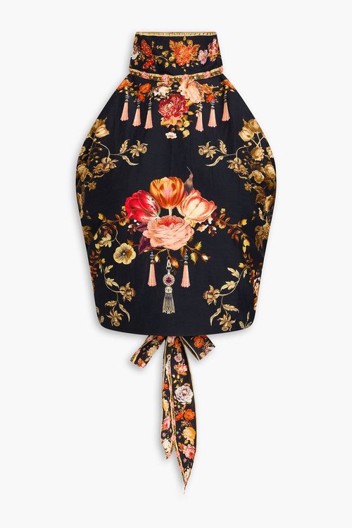 Embellished floral-print cotton and silk-blend halterneck top - Black - XL/XXL