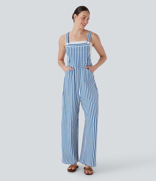 Pockets Stripe Waffle Overalls  - Cerulean Stripes