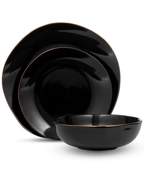 Andover Black 12pc Gold Rim Dinnerware Set, Service For 4