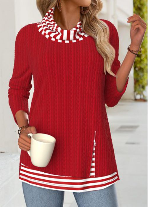 Modlily Red Tummy Coverage Striped Long Sleeve Cowl Neck Sweatshirt