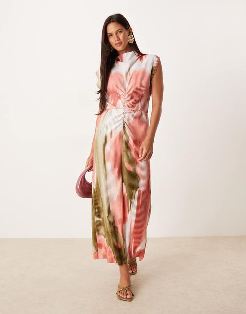 Plisse high twist neck midi dress in smudge floral print-Multi