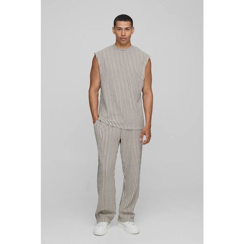Regular Fit Drop Shoulder Jacquard Stripe Tank & Jogger Set | Chocolate | Sma