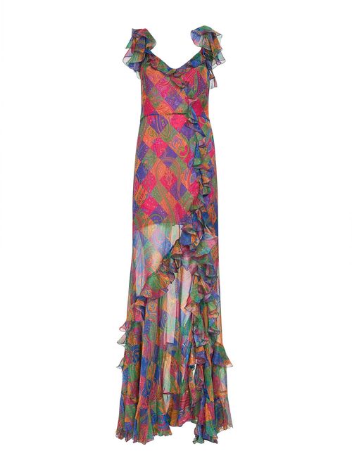 Geometric Paisley Silk Chiffon Dress — Multicolor