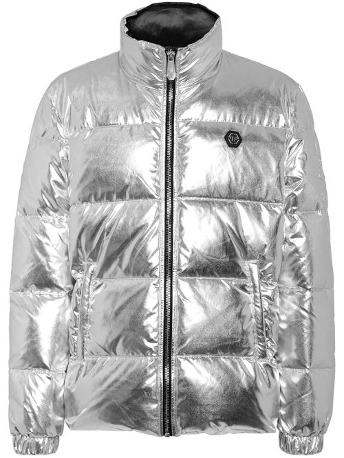 Logo-embroidered metallic padded jacket - Silver