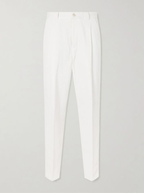 Straight-Leg Pleated Herringbone Cotton and Linen-Blend Trousers - Men - White