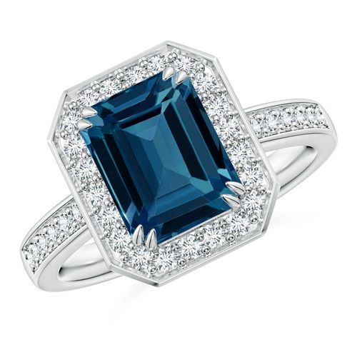 Angara 2.75 Carats Emerald-Cut London Blue Topaz Engagement Ring with Halo in Platinum