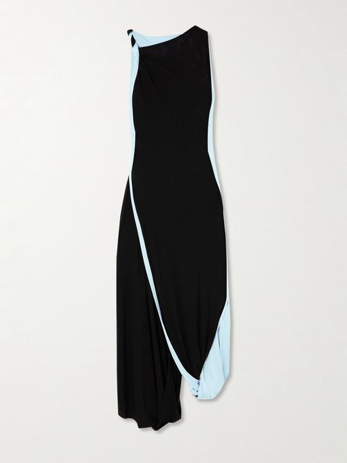 Asymmetric Two-tone Twisted Jersey Midi Dress - Black