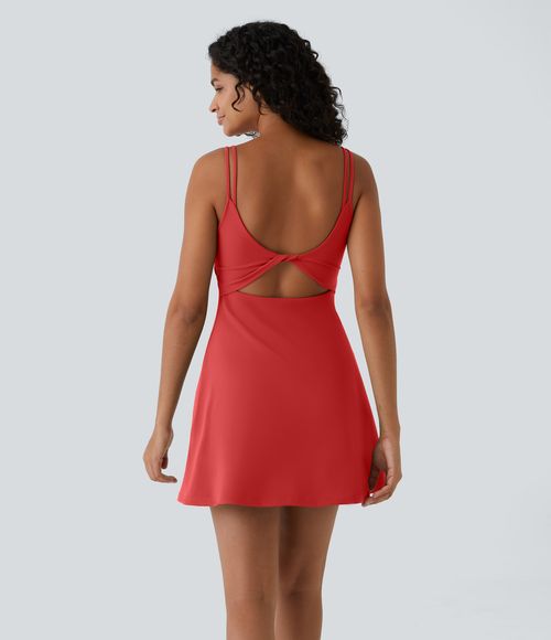 SoftlyZero™ Plush Double Straps 2-Piece Pocket Slip Dance Active Dress A-C Cups Workout Dress - Poinsettia
