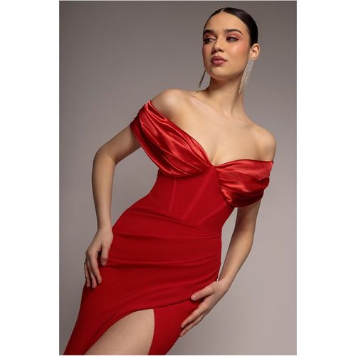 Satin & Scuba Off The Shoulder Maxi Dress - Red by Goddiva