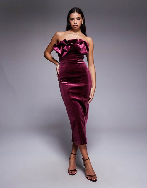Bonded velvet bandeau structured midi dress with ruffle bodice detail in burgundy
