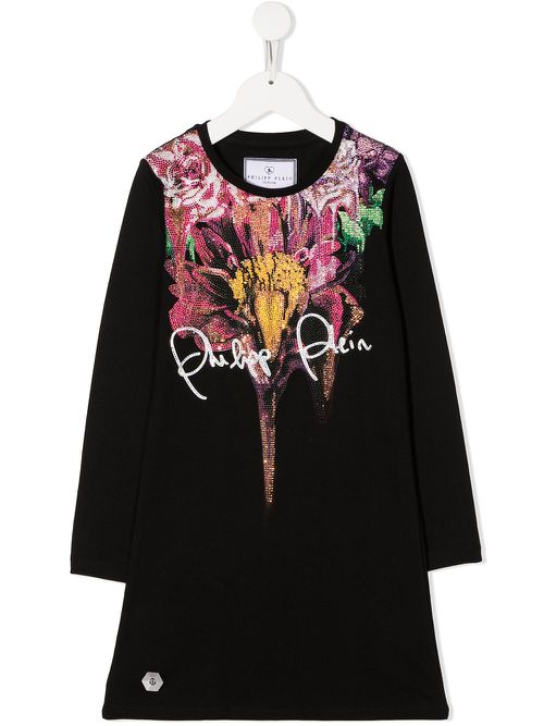 Rhinestone floral print dress - Black