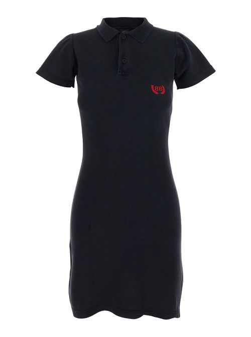 Black Mini Dress With Polo Shirt Style Collar And Logo Detail On The Front In Cotton Woman