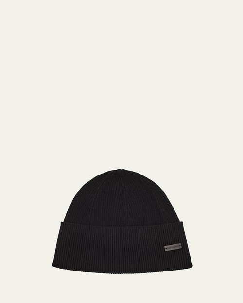 Men's Cashmere Knit Beanie Hat with Leather Logo