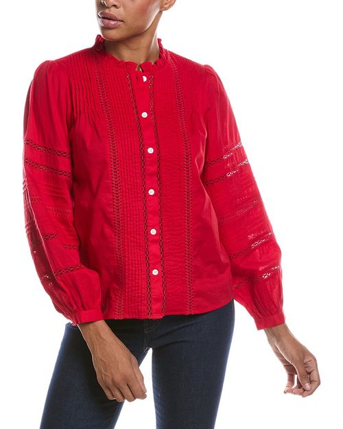 High Neck Lace Insert Pintuck Top