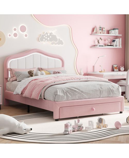 Twin Upholstered Bed Frame with Storage Drawers, Cute Girls & Boys Bed with Adjustable Headboard - Pink