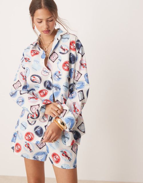 Oversized shirt co-ord in hamptons print-Multi