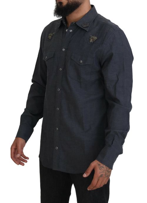 Cotton Denim with Crystal Bee Embroidery Shirt — Blue