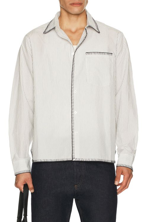 Percival Index Stripe Pearce Shirt in Ecru - Grey. XL/1X also in L