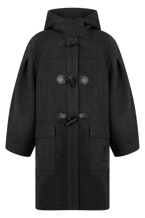 Hooded Wool-Blend Coat with Adjustable Hood and Button Front