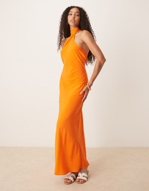 ASOS DESIGN linen look scarf maxi dress in tangerine-Orange