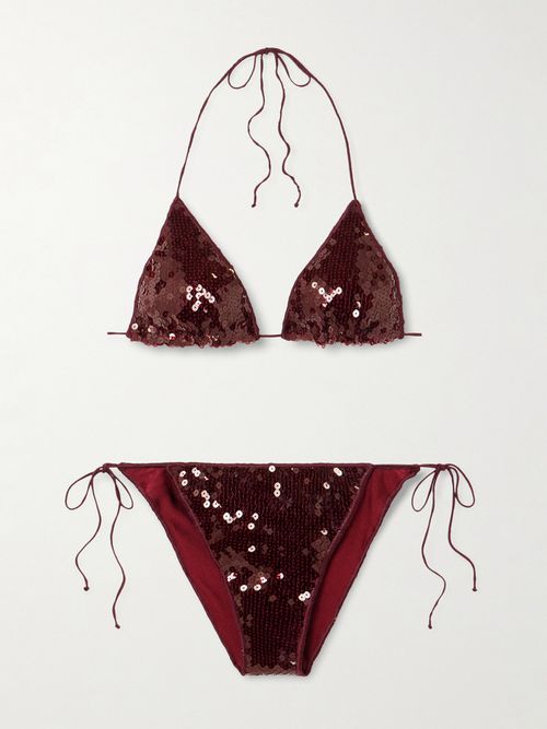 Marilyn Microkini Sequined Triangle Bikini - Burgundy