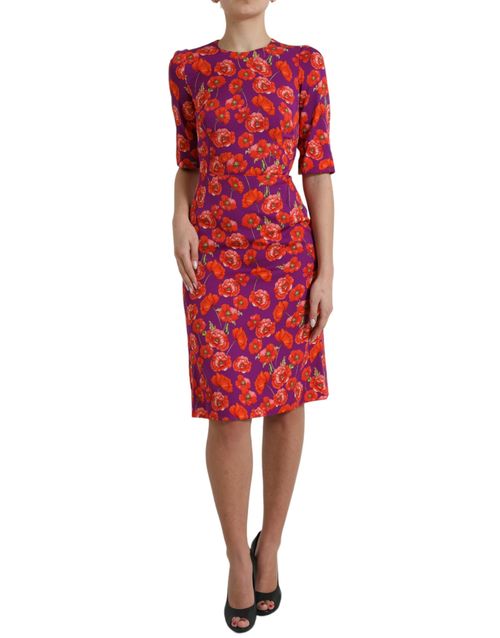 Floral Poppy Print Silk Dress — Purple