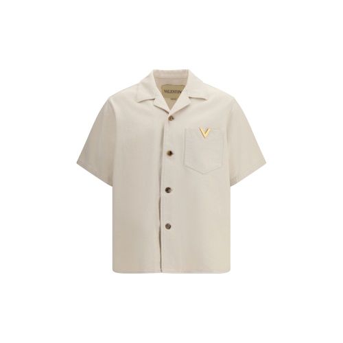 V Gold-Embroidered Cotton Shirt — Beige