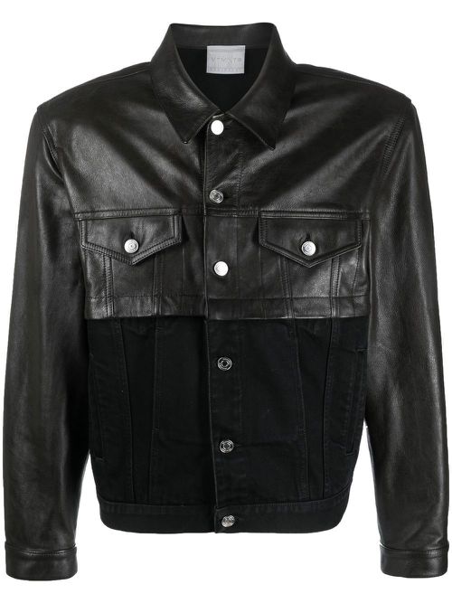 Contrasting leather-block denim jacket - Black