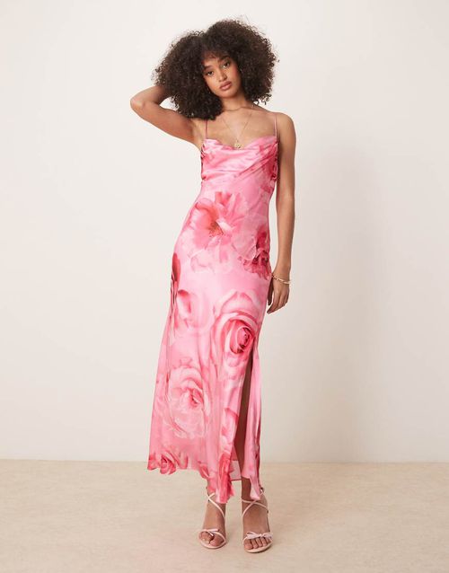 Oversized rose print satin slip maxi dress in bright pink