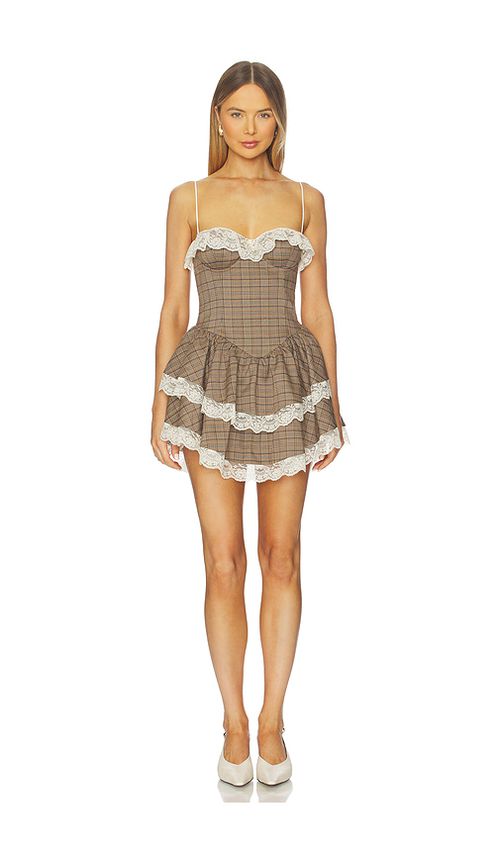 MAJORELLE Dolly Mini Dress in Brown Multi Plaid. XXS also in L, M, S