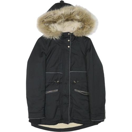 ZARA Womens Black & Beige Faux Fur Hood Parka Jacket XS Polyester Blend Zip
