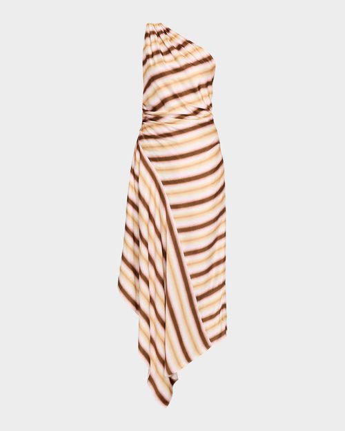 Lyn Stripe Draped One-Shoulder Midi Dress