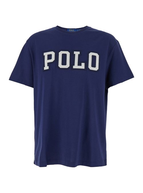 Blue Crewneck T-shirt With Logo Lettering On The Fornt And Pony Embroidery On The Front In Cotton Man