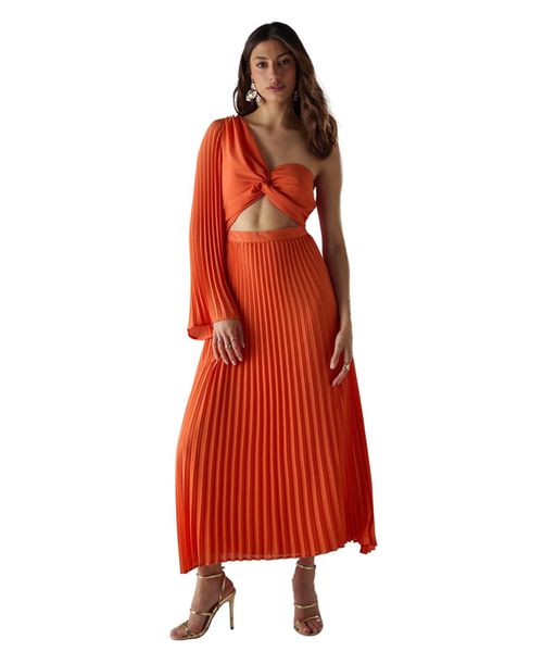 knee length dresses for ladies Burnt Orange One Shoulder Asymmetrical Hem Bodycon Midi Dress D10415D-A main image 1