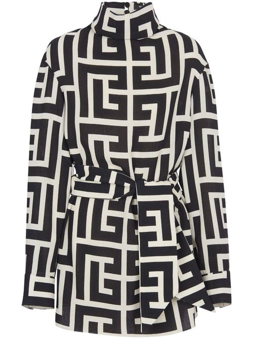 Monogram-pattern belted blouse - Black
