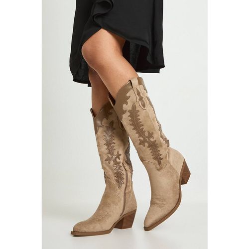 Boohoo Women's Faux Suede Contrast Detail Knee High Western Boots in Taupe