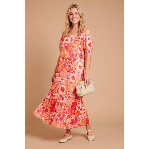 Dorothy Perkins Women's Floral Cold Shoulder Bardot Puff Sleeve Tiered Maxi Dre